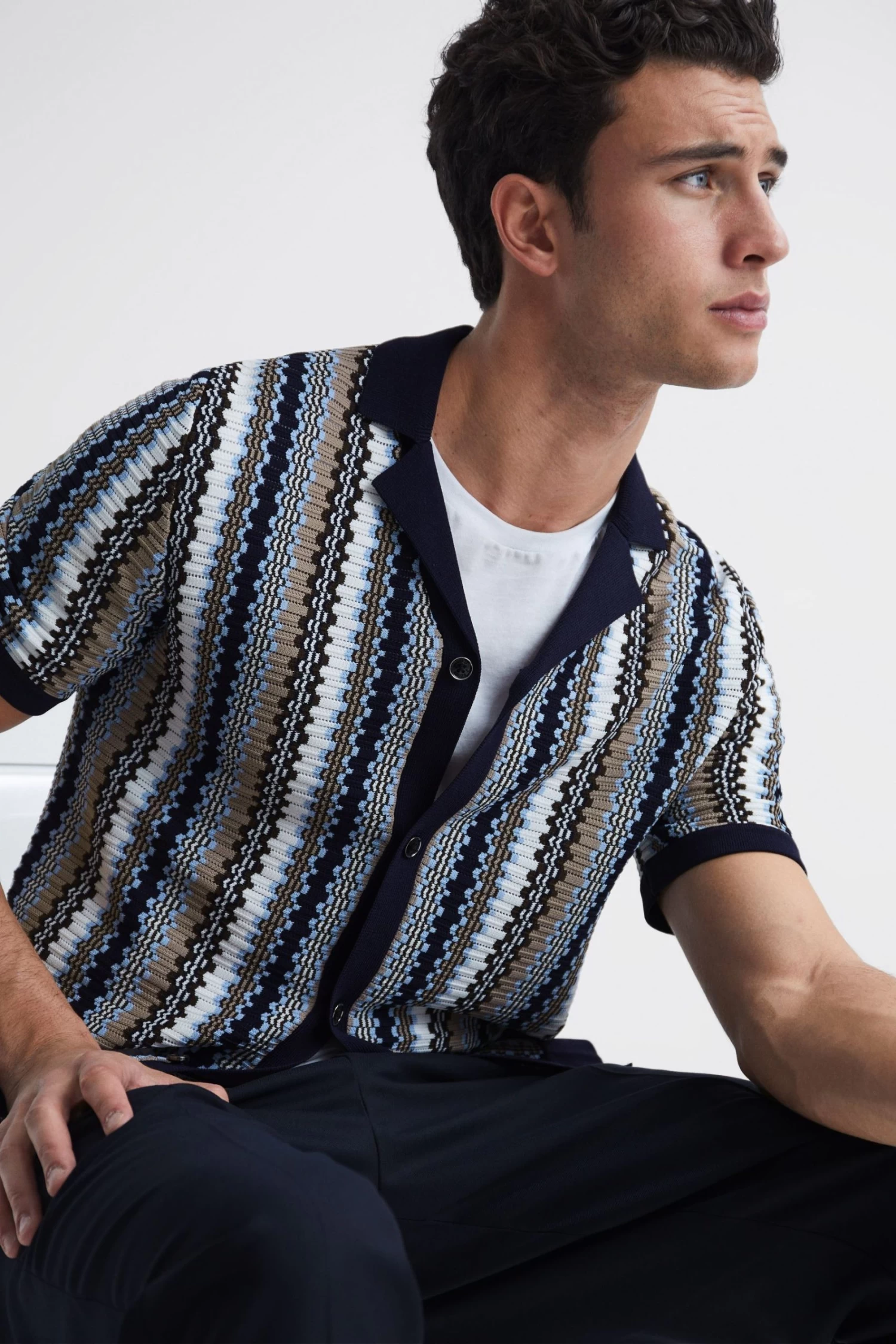 Reiss Gibbon Cuban Collar Striped Button Through Shirt 3 Reiss Gibbon Cuban Collar Striped Button Through Shirt