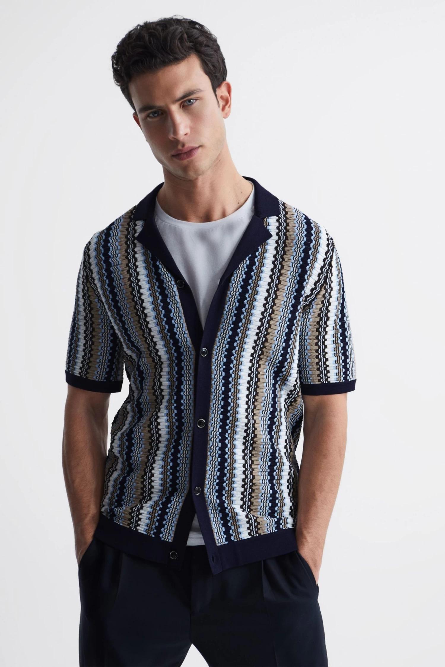 Reiss Gibbon Cuban Collar Striped Button Through Shirt 8 Reiss Gibbon Cuban Collar Striped Button Through Shirt - Image 6