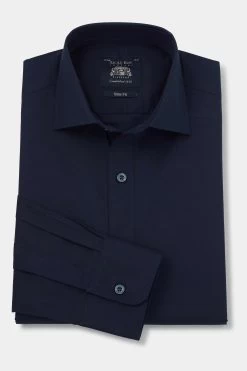Savile Row Company Navy Blue Slim Fit Stretch Single Cuff Shirt -Fashion Men Shop 590802s3