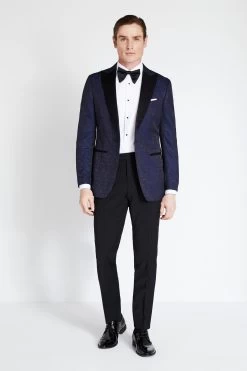 MOSS Blue Tailored Fit Navy Jaquard Tuxedo Jacket