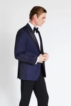 MOSS Blue Tailored Fit Navy Jaquard Tuxedo Jacket -Fashion Men Shop 784667s3