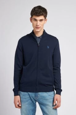 U.S. Polo Assn. Mens Blue Cotton Full Zip Knit Cardigan