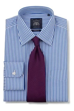Savile Row Blue Stripe Classic Fit NoIron Single Cuff Shirt -Fashion Men Shop C27360s3