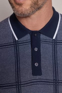 Next Navy Blue Check Knitted Polo Shirt -Fashion Men Shop C42 063s4