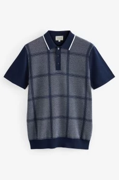 Next Navy Blue Check Knitted Polo Shirt -Fashion Men Shop C42 063s5