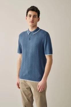 Next Blue Linen Blend Textured Knitted Polo Shirt -Fashion Men Shop C65 216s2