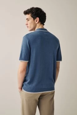 Next Blue Linen Blend Textured Knitted Polo Shirt -Fashion Men Shop C65 216s3