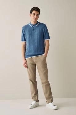 Next Blue Linen Blend Textured Knitted Polo Shirt -Fashion Men Shop C65 216s4
