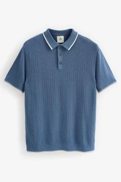 Next Blue Linen Blend Textured Knitted Polo Shirt -Fashion Men Shop C65 216s5