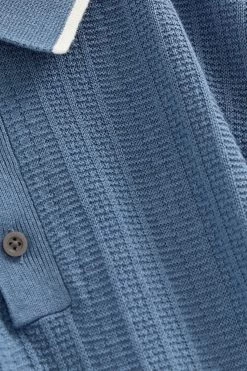 Next Blue Linen Blend Textured Knitted Polo Shirt -Fashion Men Shop C65 216s6