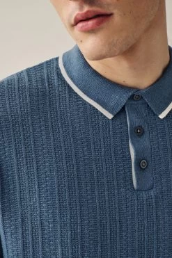Next Blue Linen Blend Textured Knitted Polo Shirt -Fashion Men Shop C65 216s7