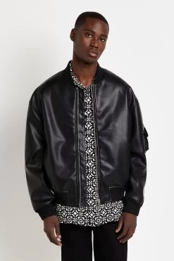 River Island Black Faux Leather Bomber Jacket