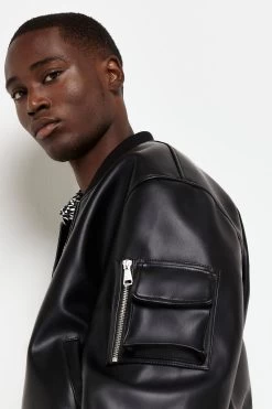 River Island Black Faux Leather Bomber Jacket -Fashion Men Shop C66061s3