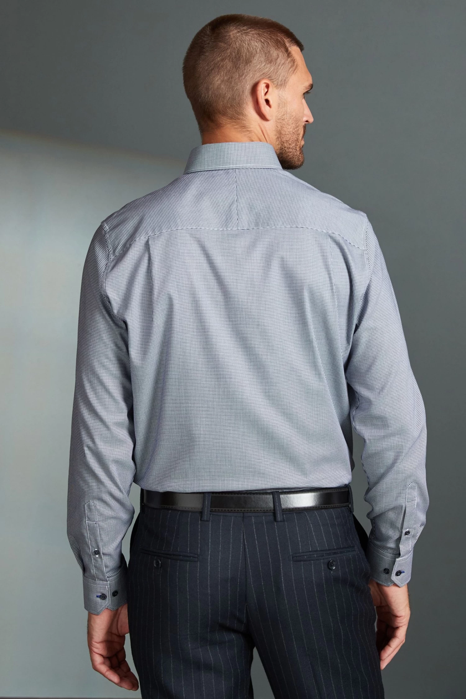 Next Blue Navy Puppytooth Regular Fit Single Cuff Signature Trimmed Shirt 4 Next Blue Navy Puppytooth Regular Fit Single Cuff Signature Trimmed Shirt - Image 2