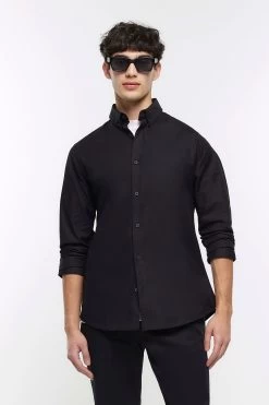 River Island Black Long Sleeve Stretch Oxford Shirt
