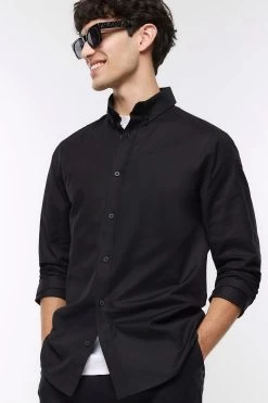 River Island Black Long Sleeve Stretch Oxford Shirt -Fashion Men Shop C79599s3