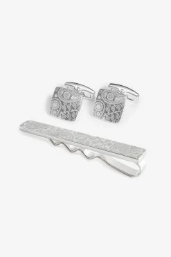 Silver Tone Simon Carter For Next Paisley Cufflink & Tie Bar Set