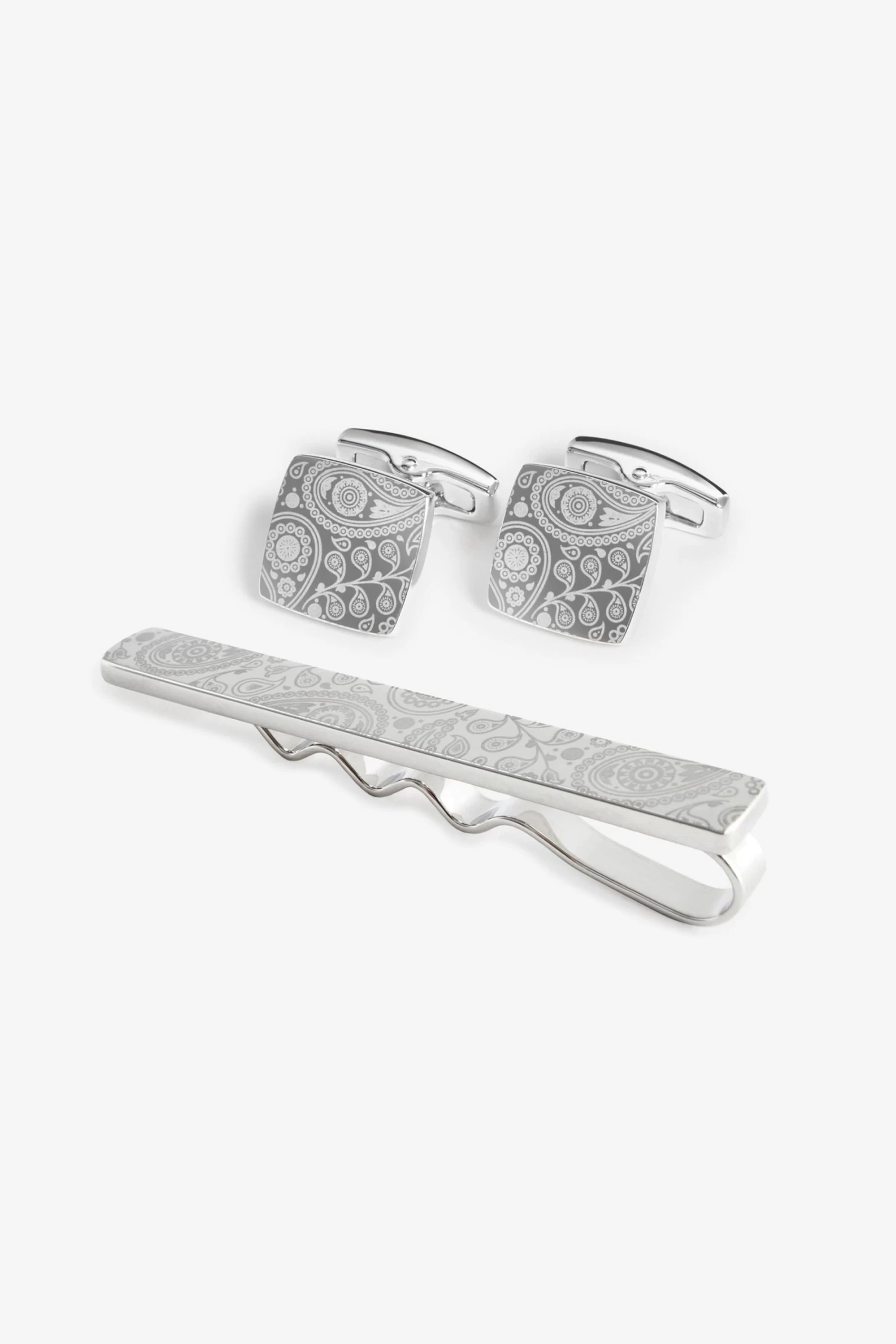 Silver Tone Simon Carter For Next Paisley Cufflink & Tie Bar Set 3 Silver Tone Simon Carter For Next Paisley Cufflink & Tie Bar Set