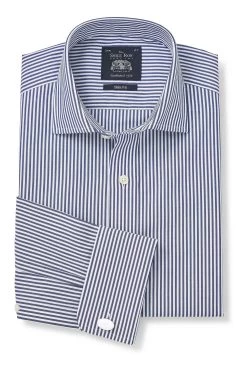 Savile Row Co Navy Bengal Stripe Slim Fit Double Cuff Shirt -Fashion Men Shop C96280s4