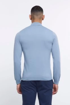 River Island Blue Muscle Cable Polo Jumper -Fashion Men Shop D15326s2