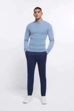 River Island Blue Muscle Cable Polo Jumper -Fashion Men Shop D15326s3