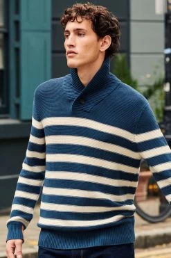 White Stuff Blue Breton Shawl Collar Jumper