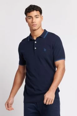 U.S. Polo Assn. Mens Blue Tipped Collar Pique Textured Short Sleeve Polo Shirt