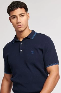 U.S. Polo Assn. Mens Blue Tipped Collar Pique Textured Short Sleeve Polo Shirt -Fashion Men Shop D69168s4