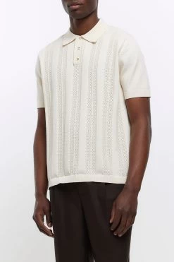 River Island Ecru Cream Pointelle Knit Polo