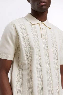 River Island Ecru Cream Pointelle Knit Polo -Fashion Men Shop D84540s4