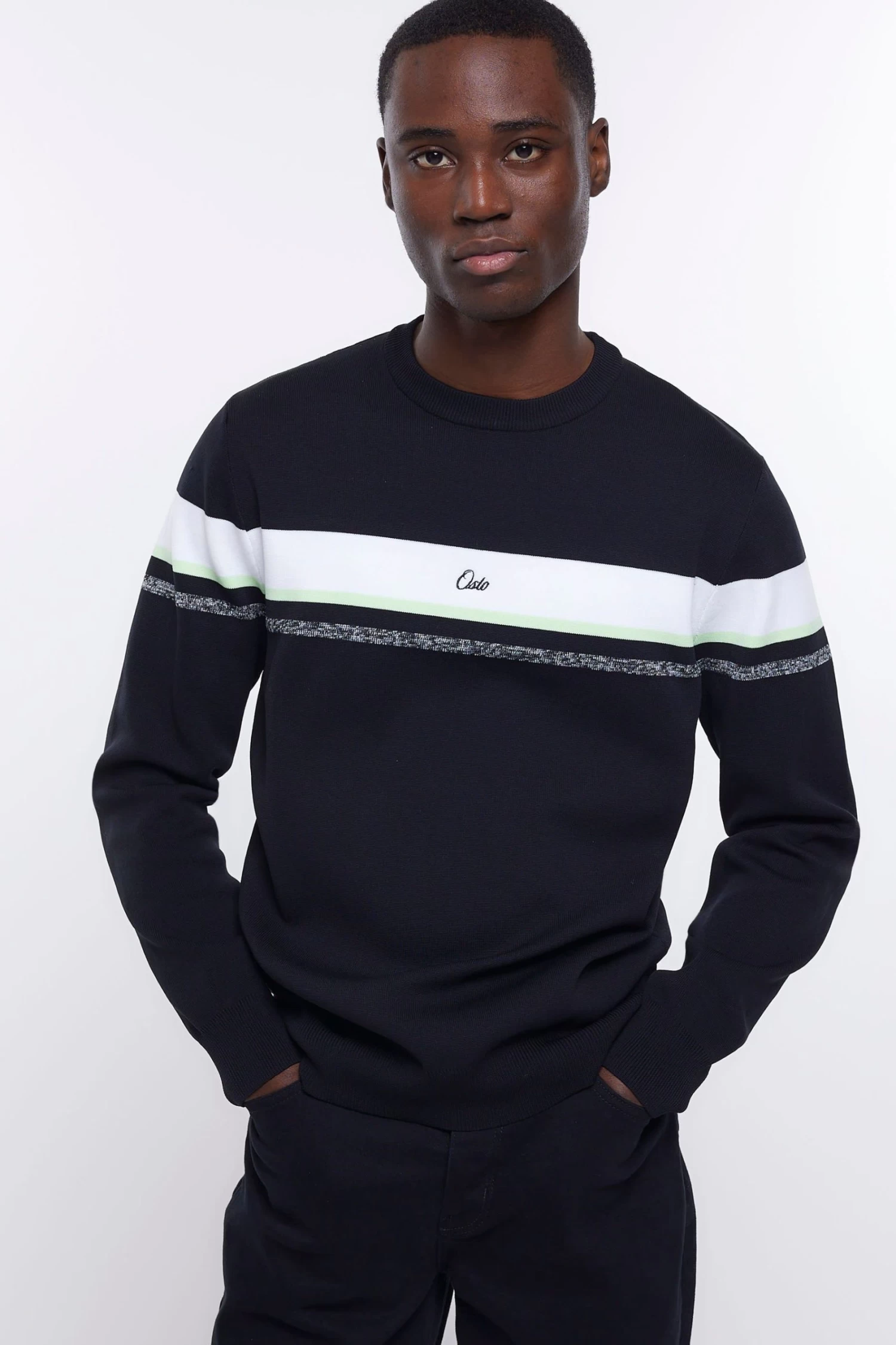 River Island Black Stripe Placement Knit Crew Jumper 3 River Island Black Stripe Placement Knit Crew Jumper