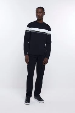 River Island Black Stripe Placement Knit Crew Jumper 10 River Island Black Stripe Placement Knit Crew Jumper -Fashion Men Shop M5N280s4