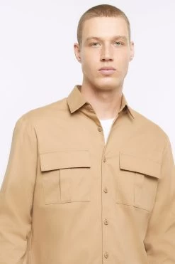 River Island Natural Double Pocket Utility Shirt -Fashion Men Shop N00643s3