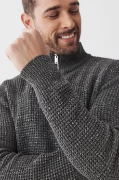 Next Charcoal Grey Zip Neck Textured Knitted Jumper