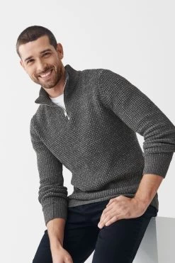 Next Charcoal Grey Zip Neck Textured Knitted Jumper -Fashion Men Shop T71 661s3