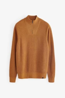 Next Tan Brown Zip Neck Textured Knitted Jumper 13 Next Tan Brown Zip Neck Textured Knitted Jumper -Fashion Men Shop T98 703s5