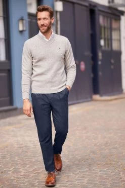 Next Navy Blue Herringbone Relaxed Tapered Pleated Nova Fides Wool Blend Formal Trousers -Fashion Men Shop U15 601s2