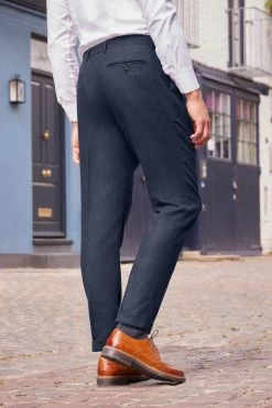 Next Navy Blue Herringbone Relaxed Tapered Pleated Nova Fides Wool Blend Formal Trousers -Fashion Men Shop U15 601s3