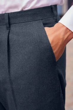 Next Navy Blue Herringbone Relaxed Tapered Pleated Nova Fides Wool Blend Formal Trousers -Fashion Men Shop U15 601s5
