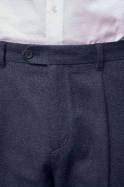Next Navy Blue Herringbone Relaxed Tapered Pleated Nova Fides Wool Blend Formal Trousers -Fashion Men Shop U15 601s6
