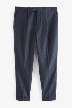 Next Navy Blue Herringbone Relaxed Tapered Pleated Nova Fides Wool Blend Formal Trousers -Fashion Men Shop U15601s4