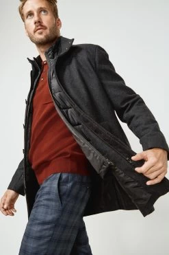 Next Charcoal Grey Signature Italian Wool Rich Funnel Neck Coat With Removable Gilet -Fashion Men Shop U23 334s6