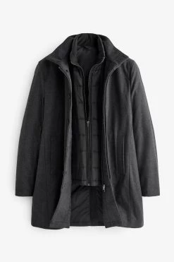 Next Charcoal Grey Signature Italian Wool Rich Funnel Neck Coat With Removable Gilet -Fashion Men Shop U23 334s9